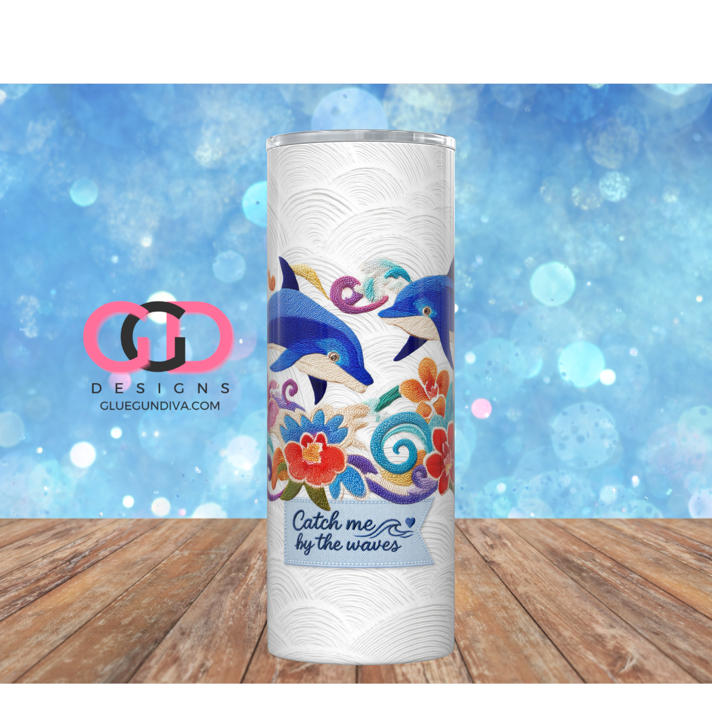 Embroidered Dolphins -  Digital tumbler wrap for 20 oz skinny straight tumbler