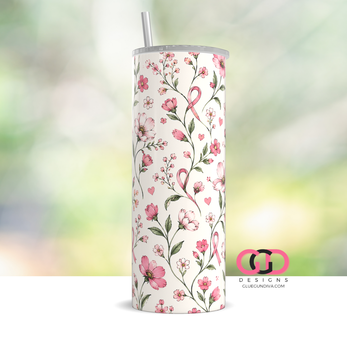 Floral Pink Ribbon - Digital tumbler wrap for 20 oz skinny straight tumbler