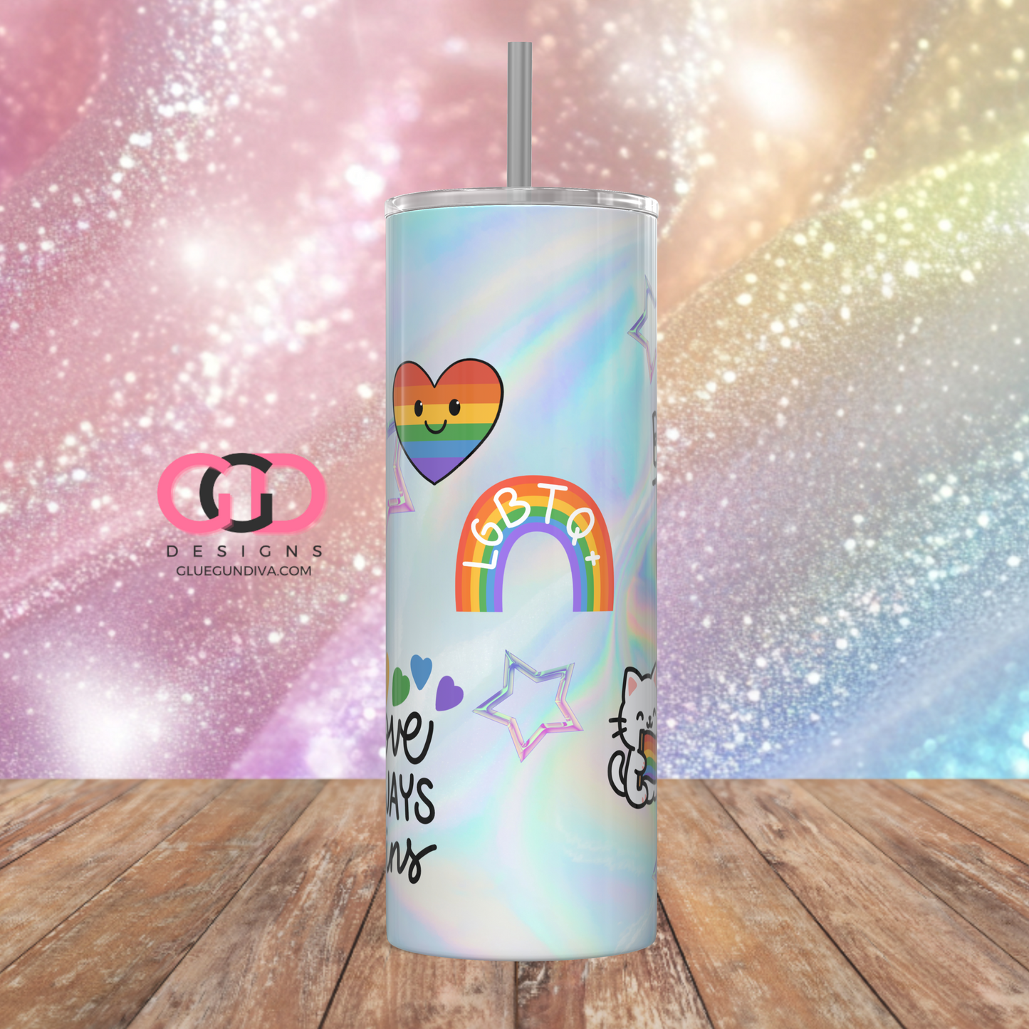 Holographic Love Always Wins - Digital tumbler wrap for 20 oz skinny straight tumbler