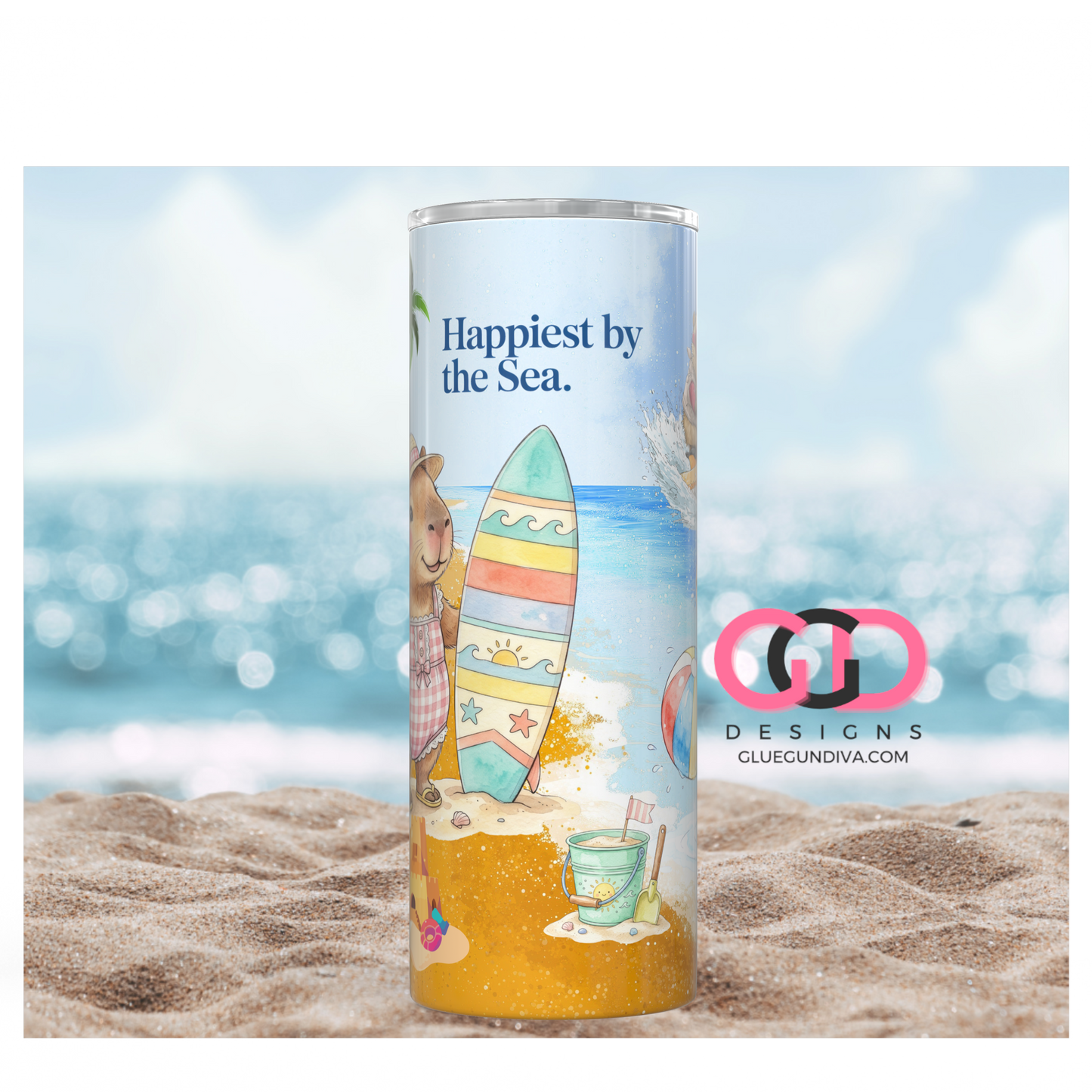 Capybara Happiest by The Sea -  Digital tumbler wrap for 20 oz skinny straight tumbler
