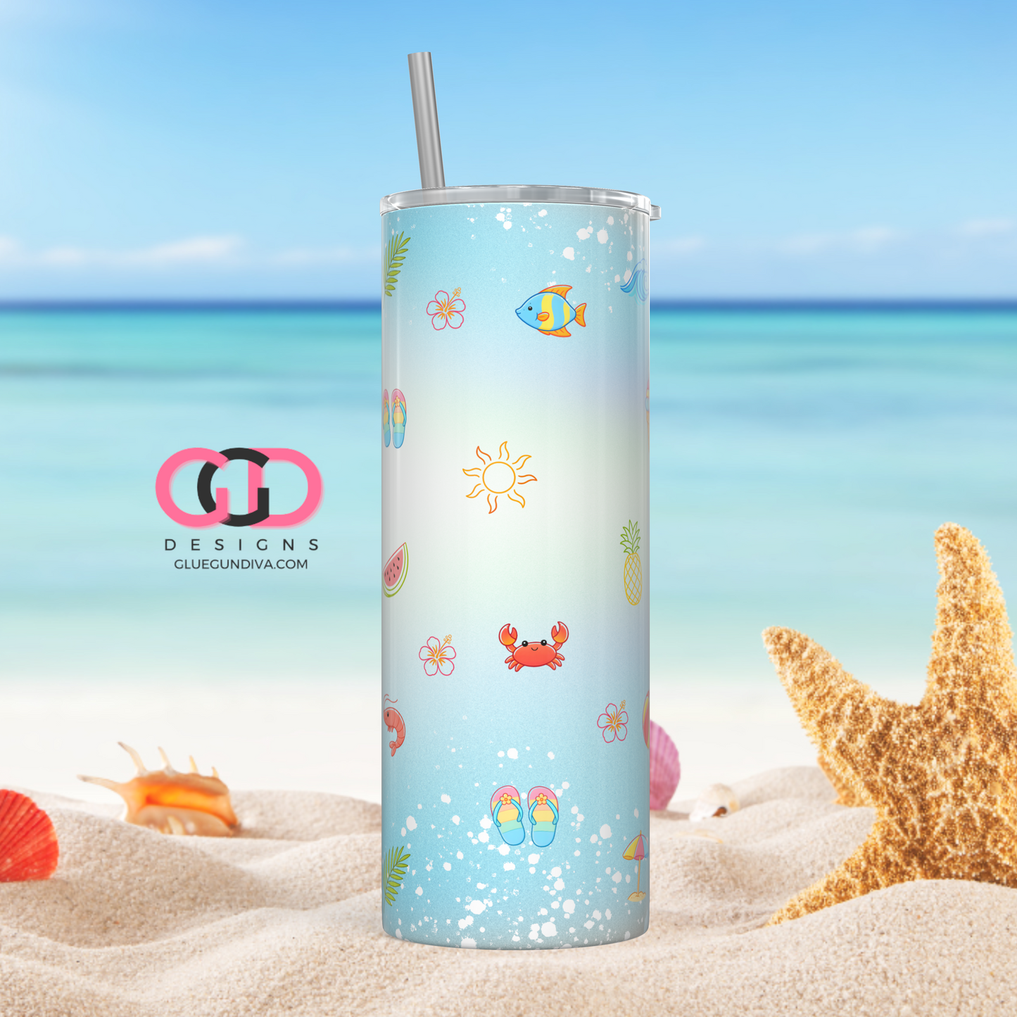 Cute Summer Icons -  Digital tumbler wrap for 20 oz skinny straight tumbler