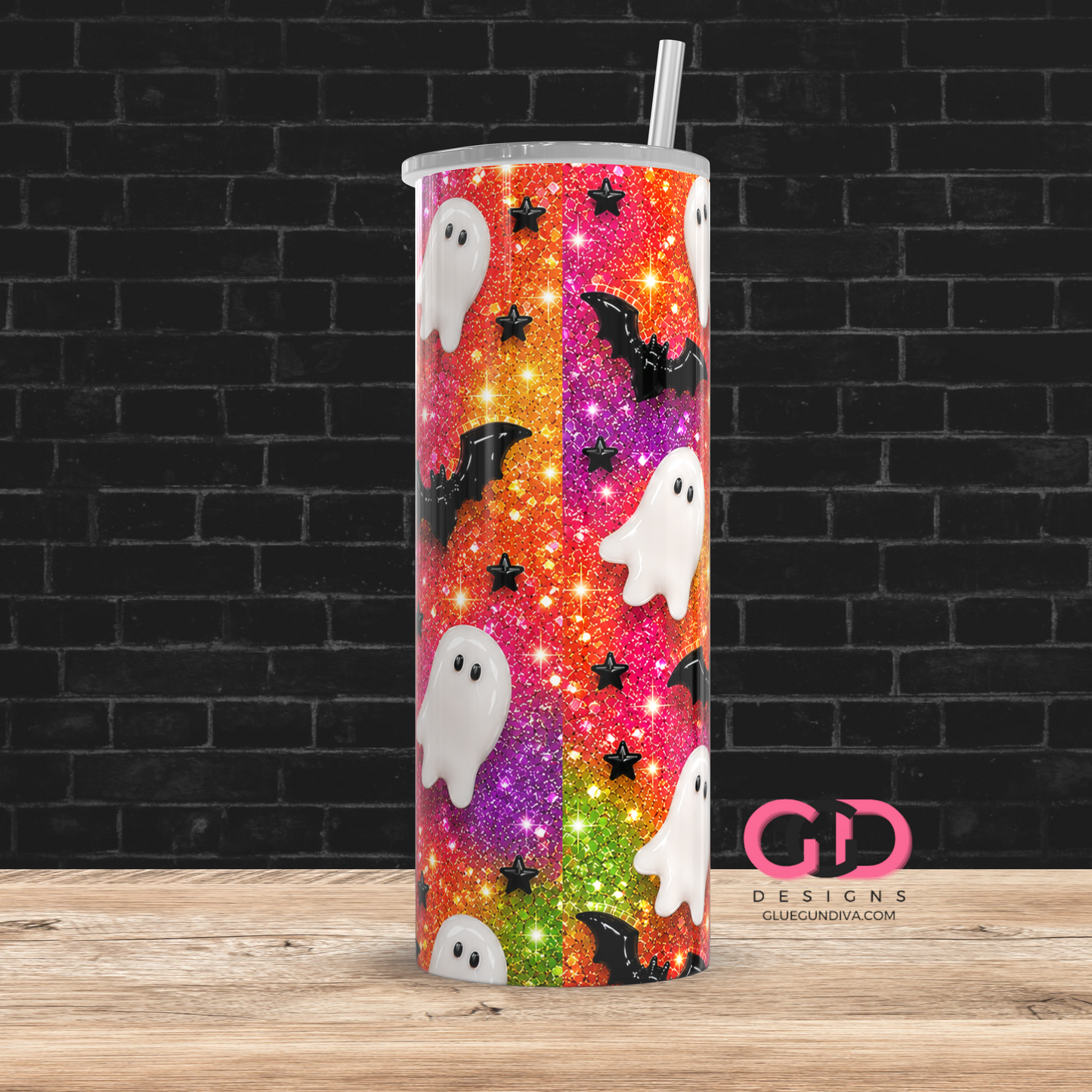 Glossy Ghosts Fall Colors  -  Digital tumbler wrap for 20 oz skinny straight tumbler