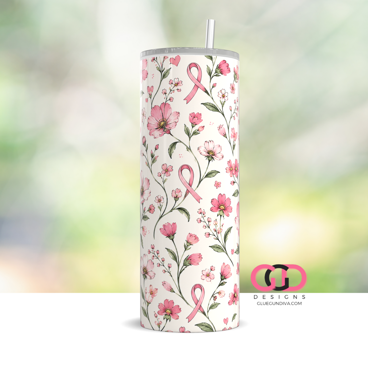 Floral Pink Ribbon - Digital tumbler wrap for 20 oz skinny straight tumbler