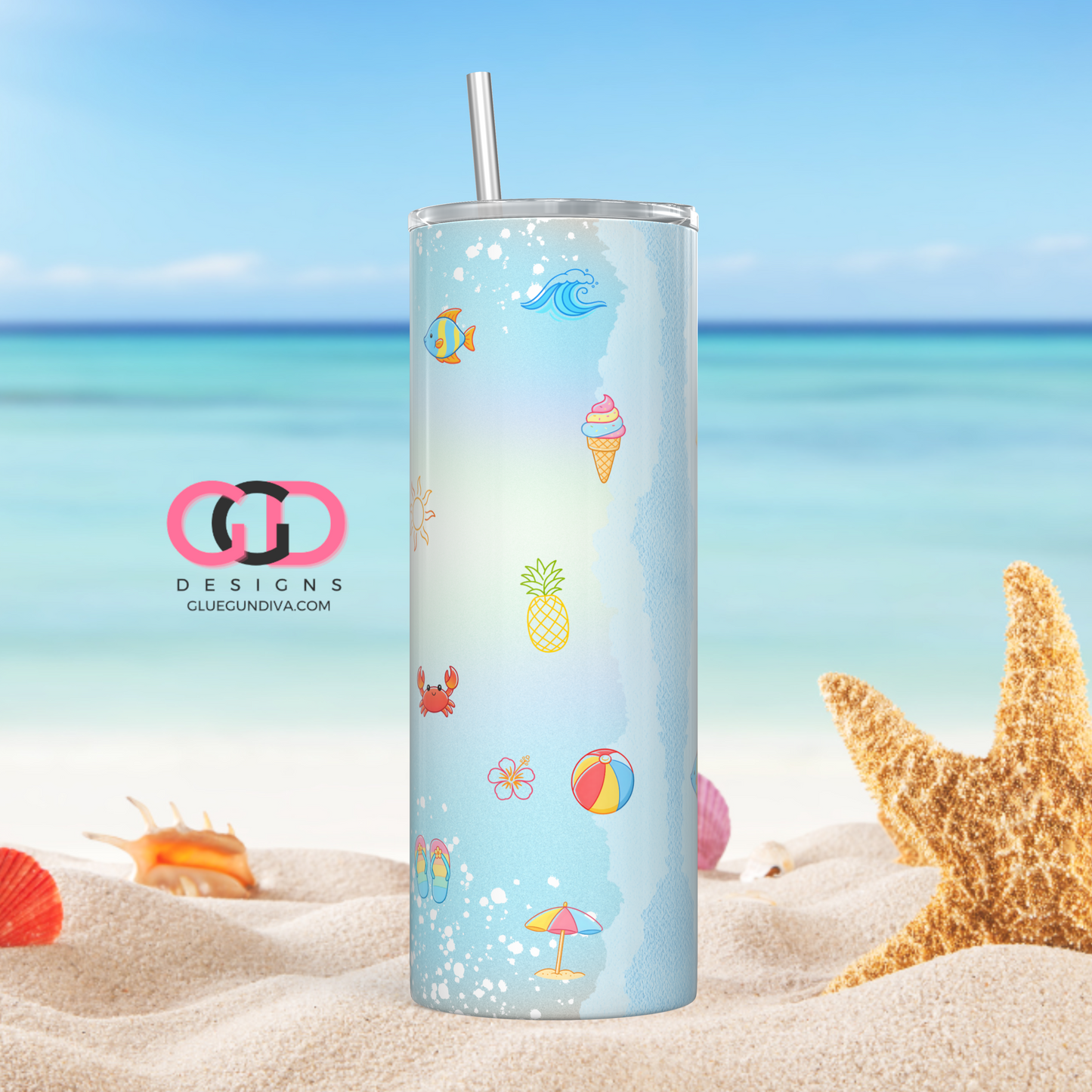 Cute Summer Icons -  Digital tumbler wrap for 20 oz skinny straight tumbler