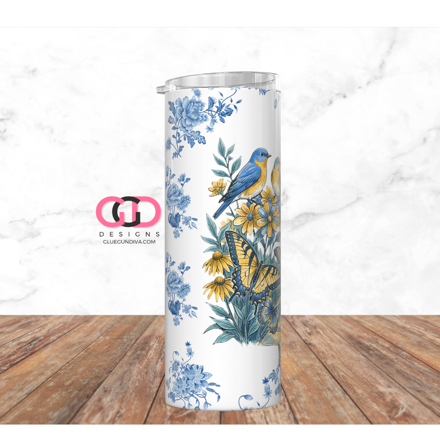 Birds Flowers Chinoiserie- Digital tumbler wrap for 20 oz skinny straight tumbler