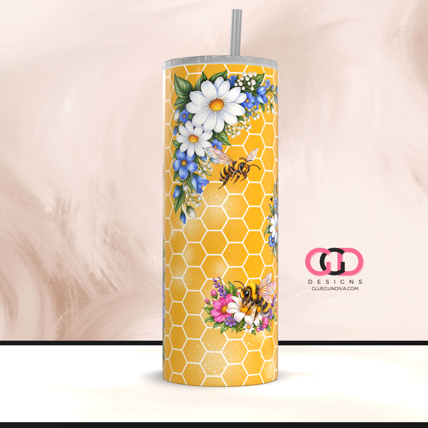 Bloom and Bee Happy Yellow -  Digital tumbler wrap for 20 oz skinny straight tumbler
