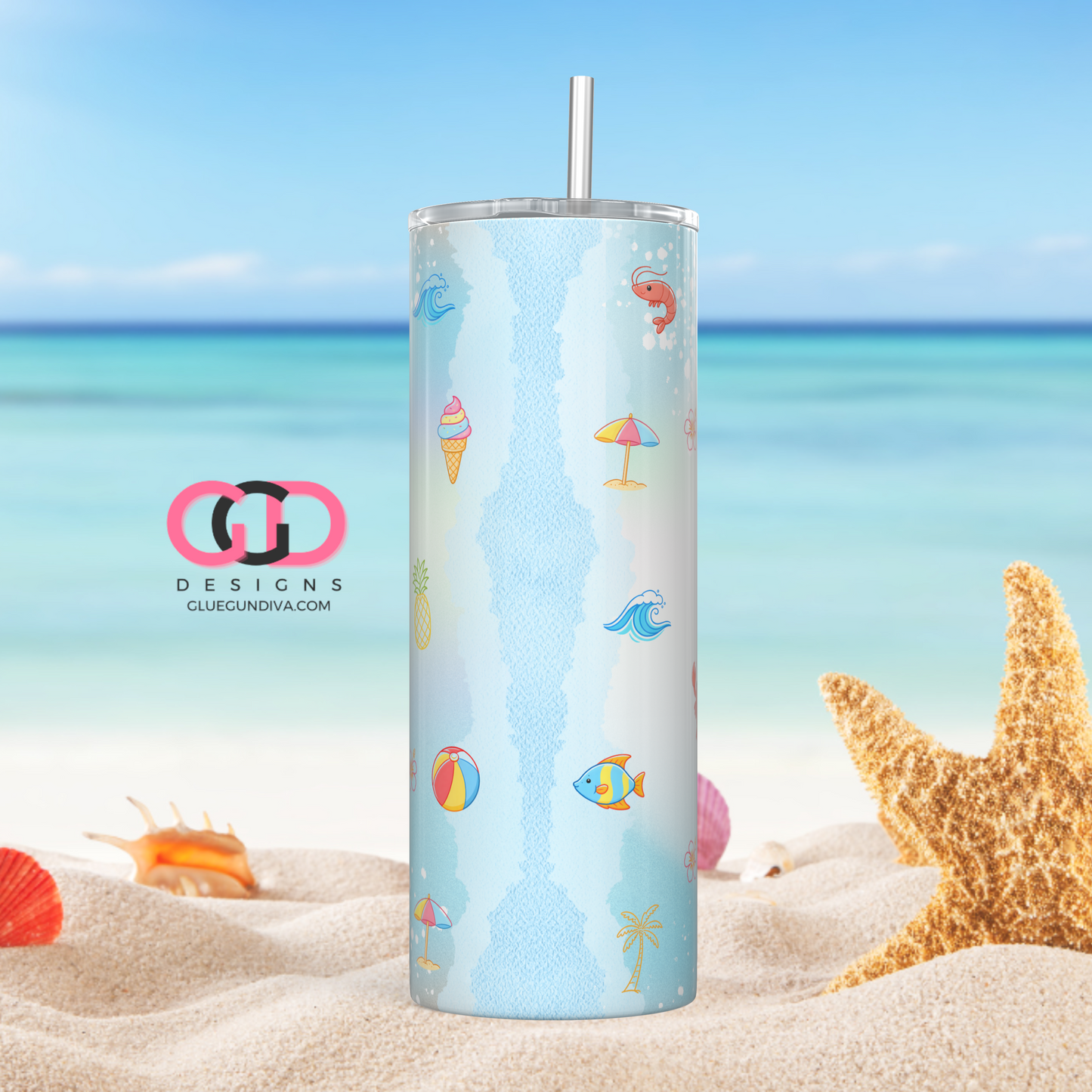Cute Summer Icons -  Digital tumbler wrap for 20 oz skinny straight tumbler