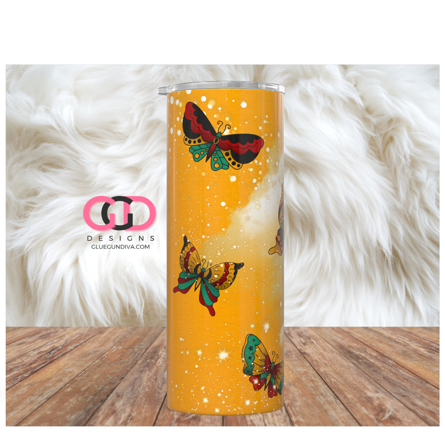 Butterflies on Mustard Swirl -  Digital tumbler wrap for 20 oz skinny straight tumbler