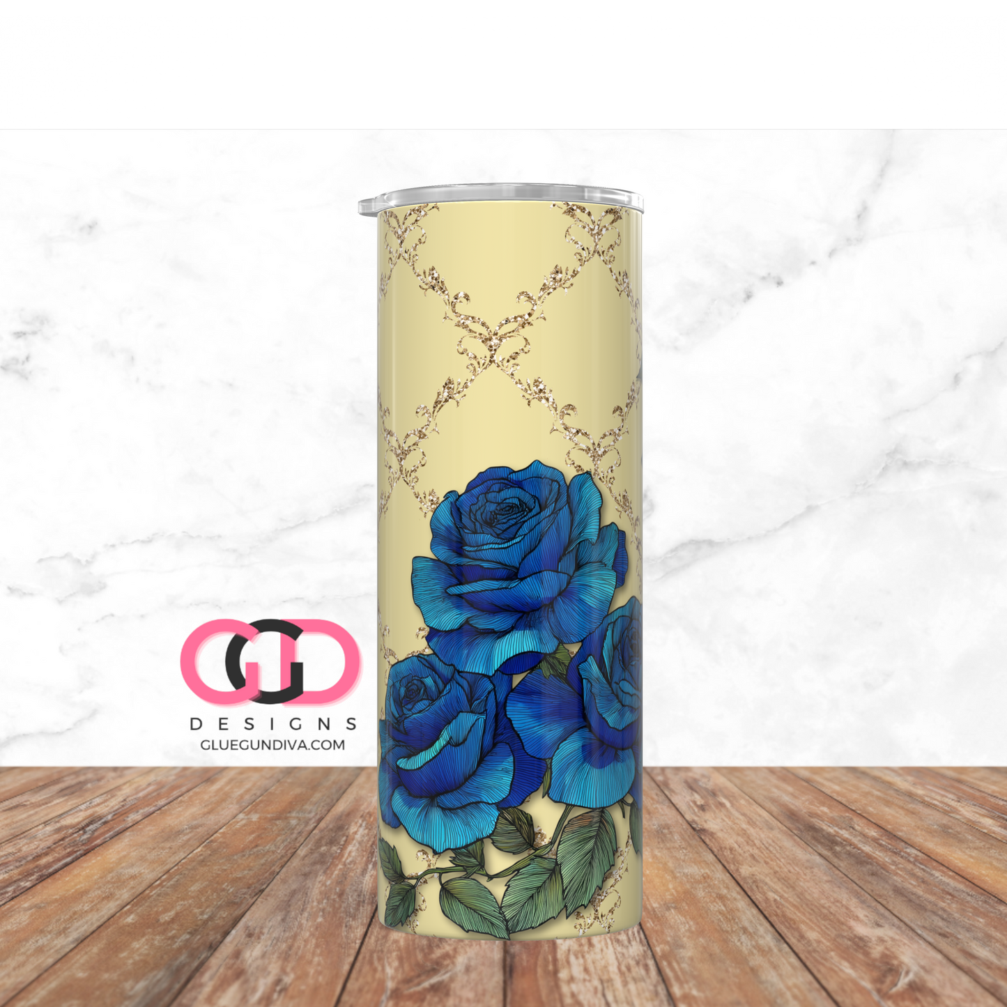 Blue Roses on Yellow -   Digital tumbler wrap for 20 oz skinny straight tumbler