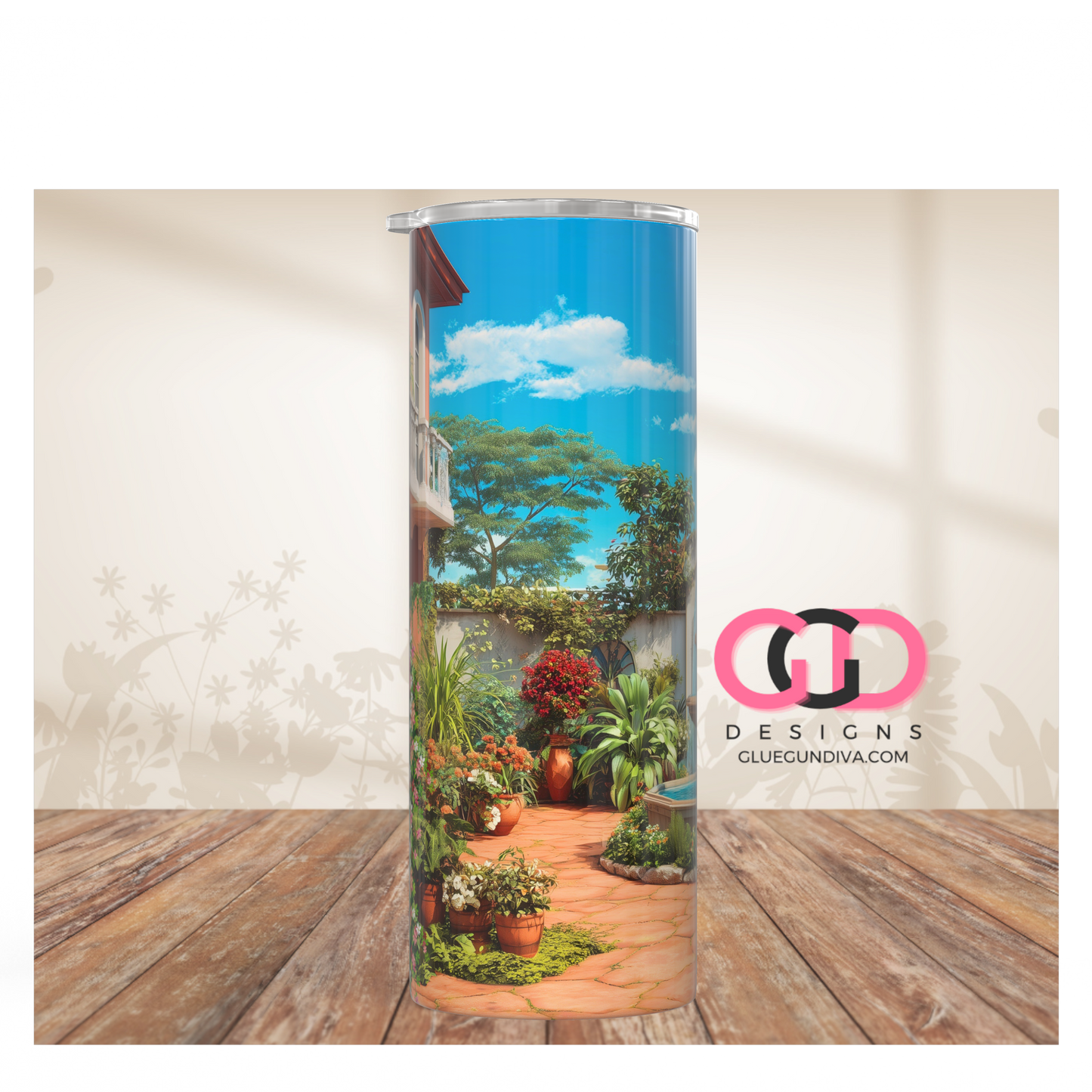 Spanish Villa Garden -   Digital tumbler wrap for 20 oz skinny straight tumbler