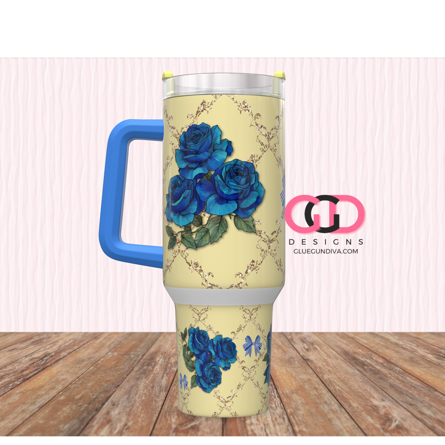 Blue Roses on Yellow -   Digital tumbler wrap for 40 oz tumbler