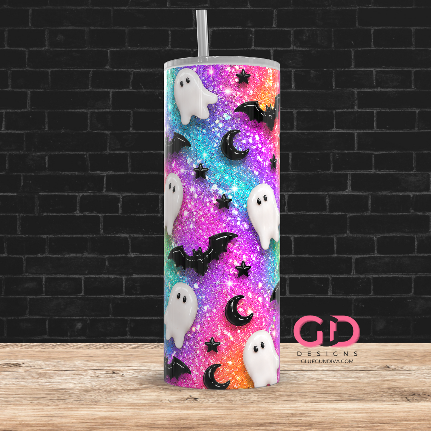 Glossy Ghosts Happy Colors  -  Digital tumbler wrap for 20 oz skinny straight tumbler
