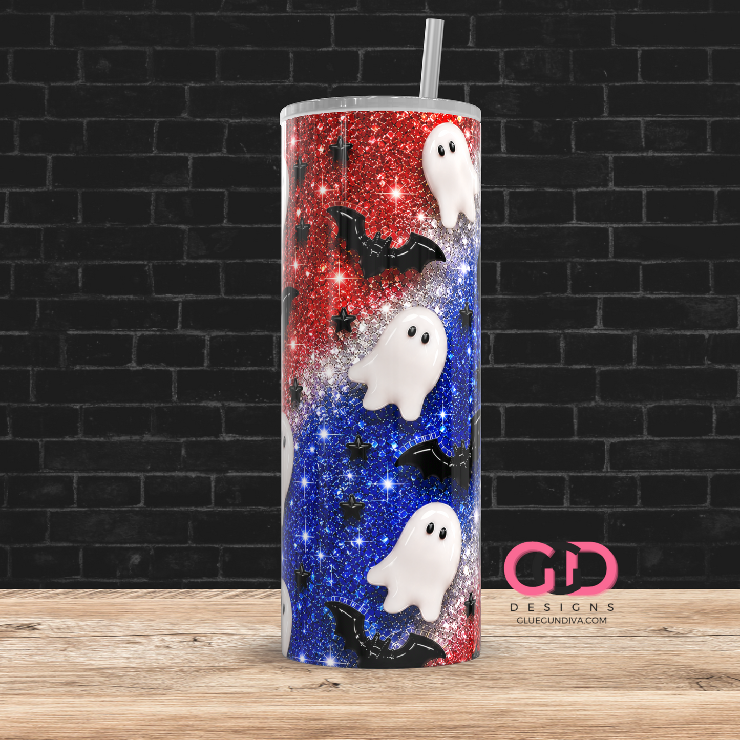 Glossy Ghosts Red White Blue -  Digital tumbler wrap for 20 oz skinny straight tumbler