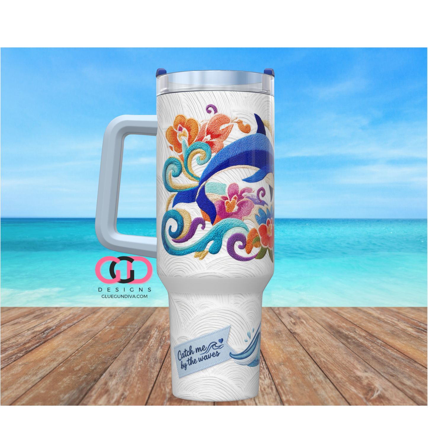 Embroidered Dolphins -   Digital tumbler wrap for 40 oz tumbler
