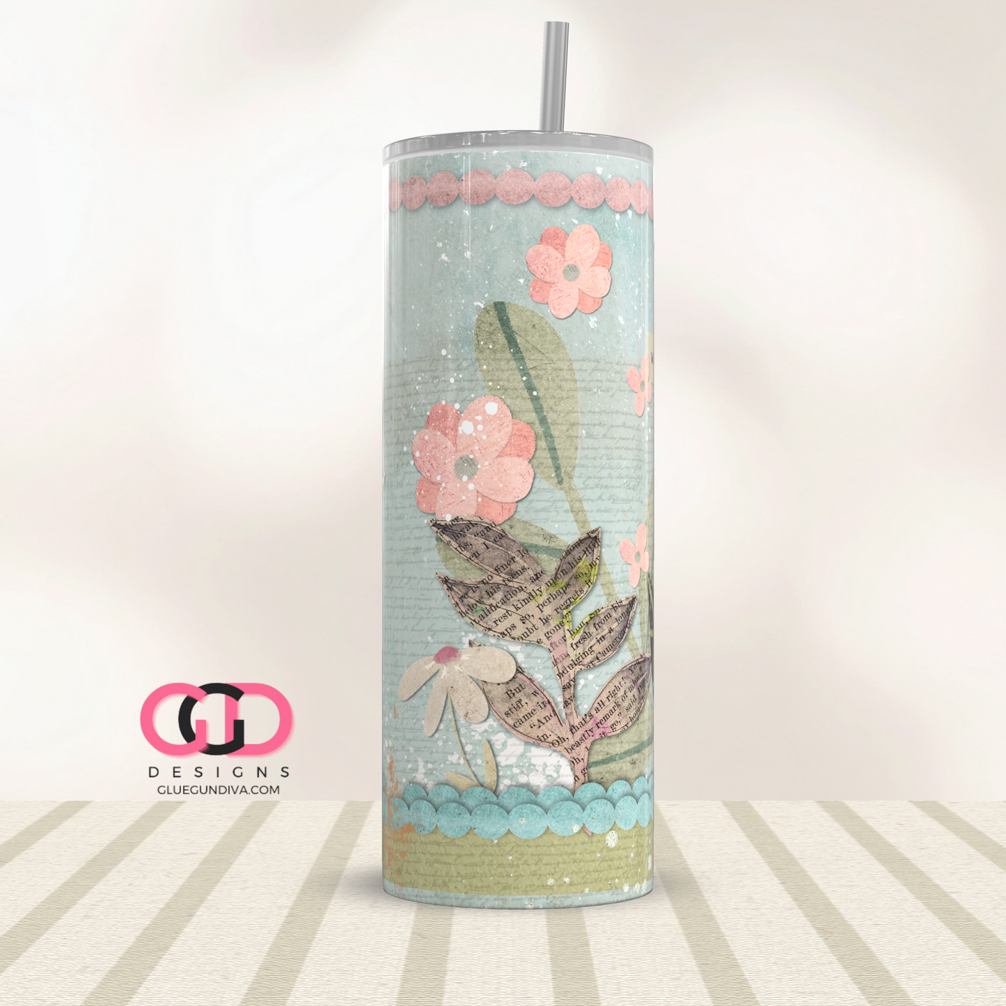 Wishes and Dreams Paper Floral -Digital tumbler wrap for 20 oz skinny straight tumbler