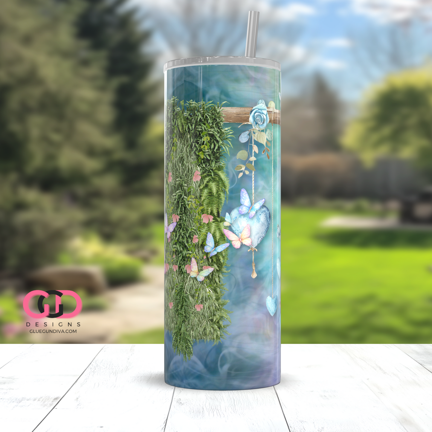 Dangling Roses and Butterflies -   Digital tumbler wrap for 20 oz skinny straight tumbler