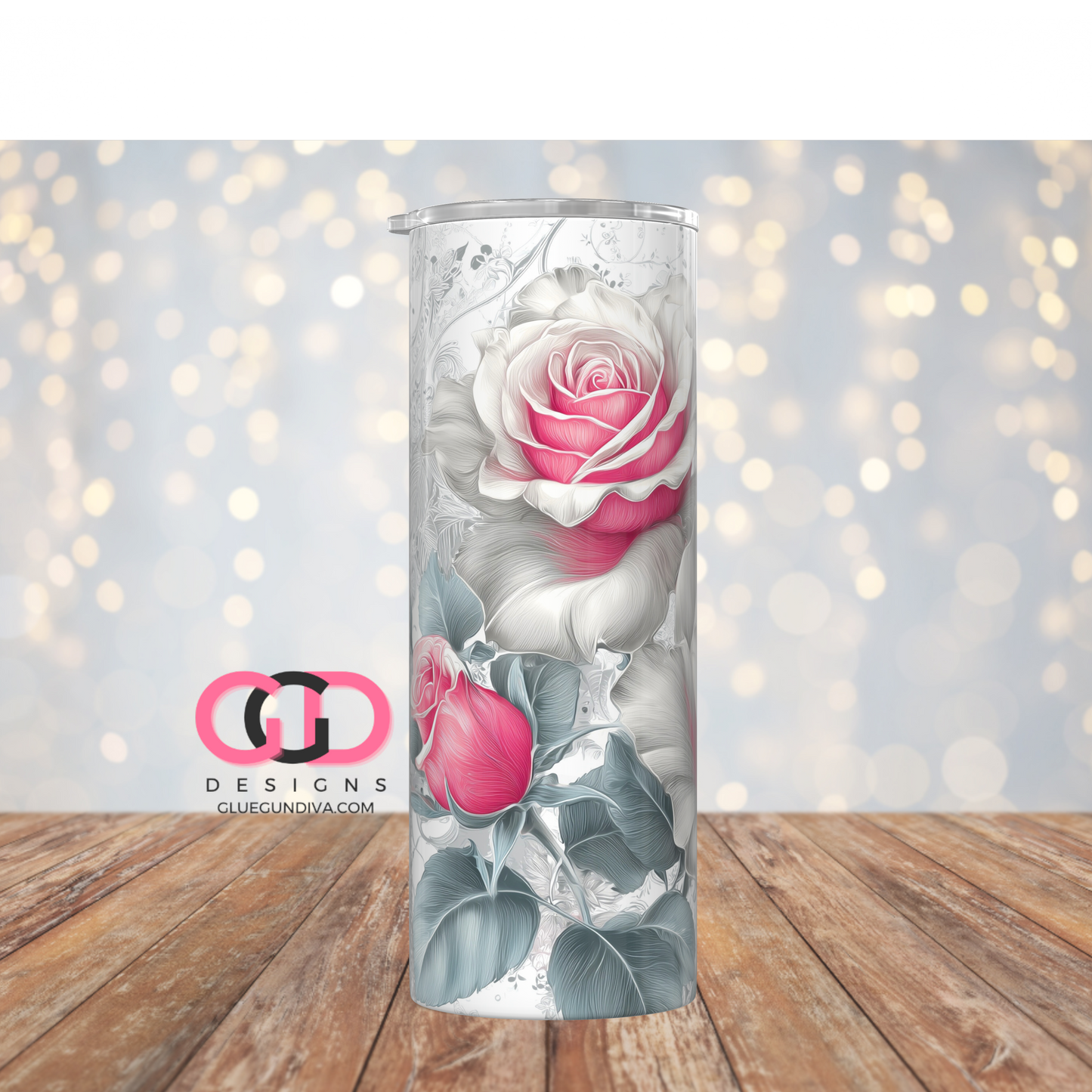 Pink and White Roses-   Digital tumbler wrap for 20 oz skinny straight tumbler