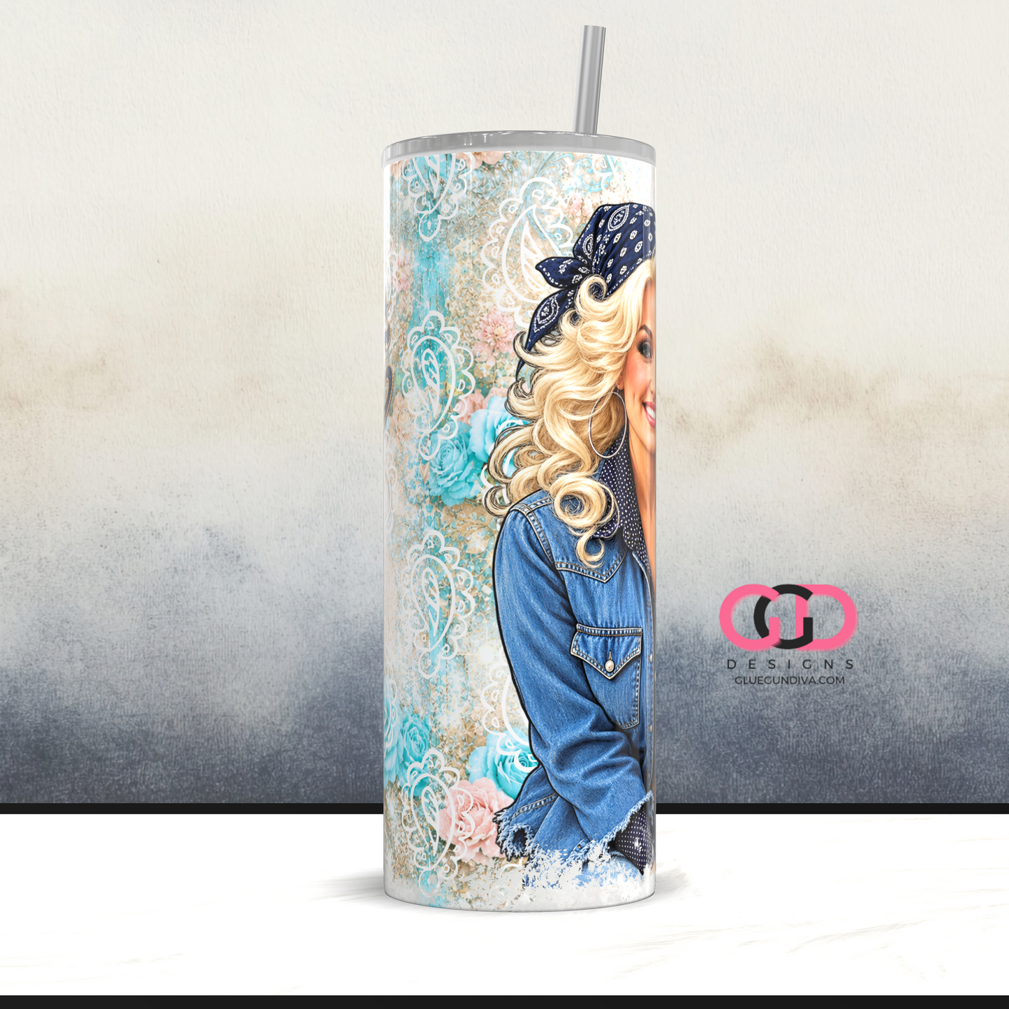 Dolly Parton Blue and Guitar -   Digital tumbler wrap for 20 oz skinny straight tumbler