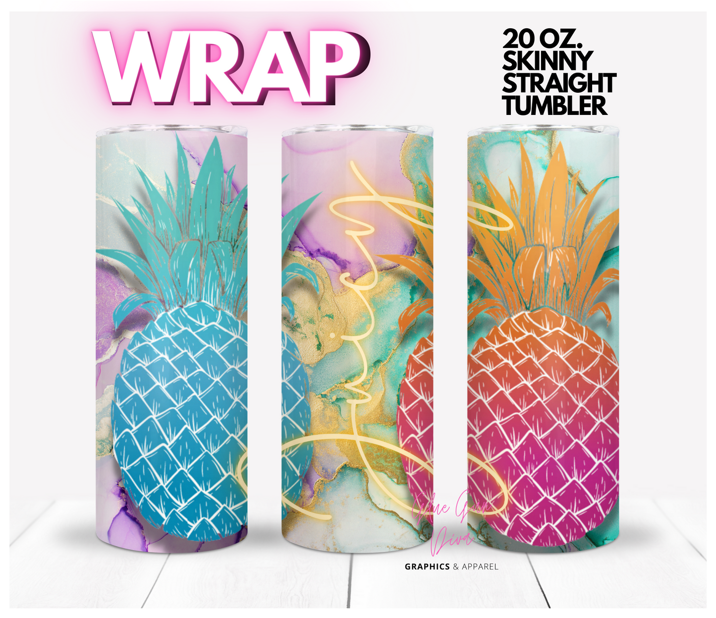 Juicy Pineapples -Digital tumbler wrap for 20 oz skinny straight tumbler