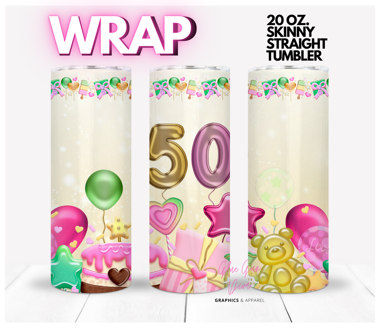 50th birthday balloons - Digital tumbler wrap for 20 oz skinny straight tumbler