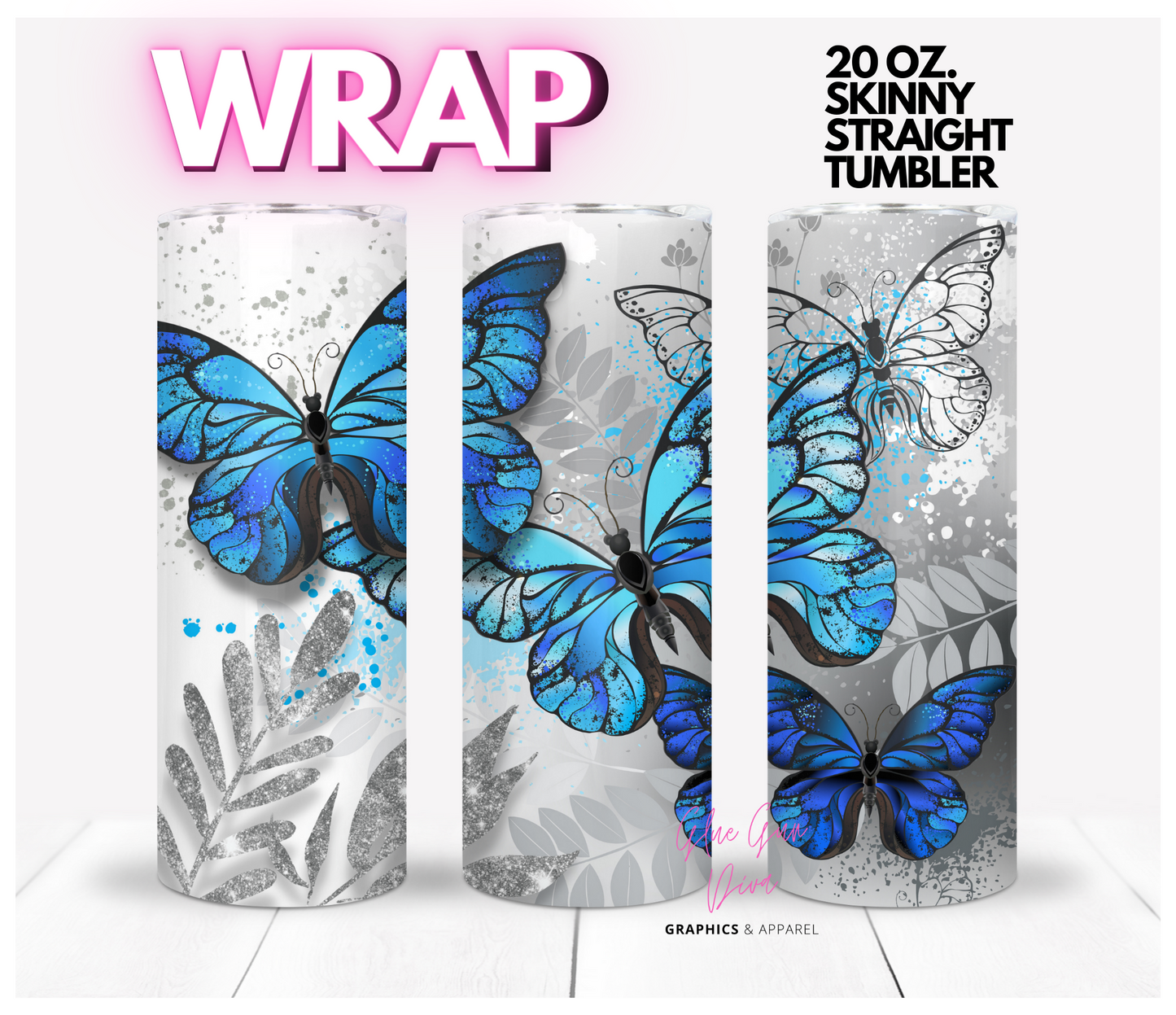 Blue butterfly trio- Digital tumbler wrap for 20 oz skinny straight tumbler