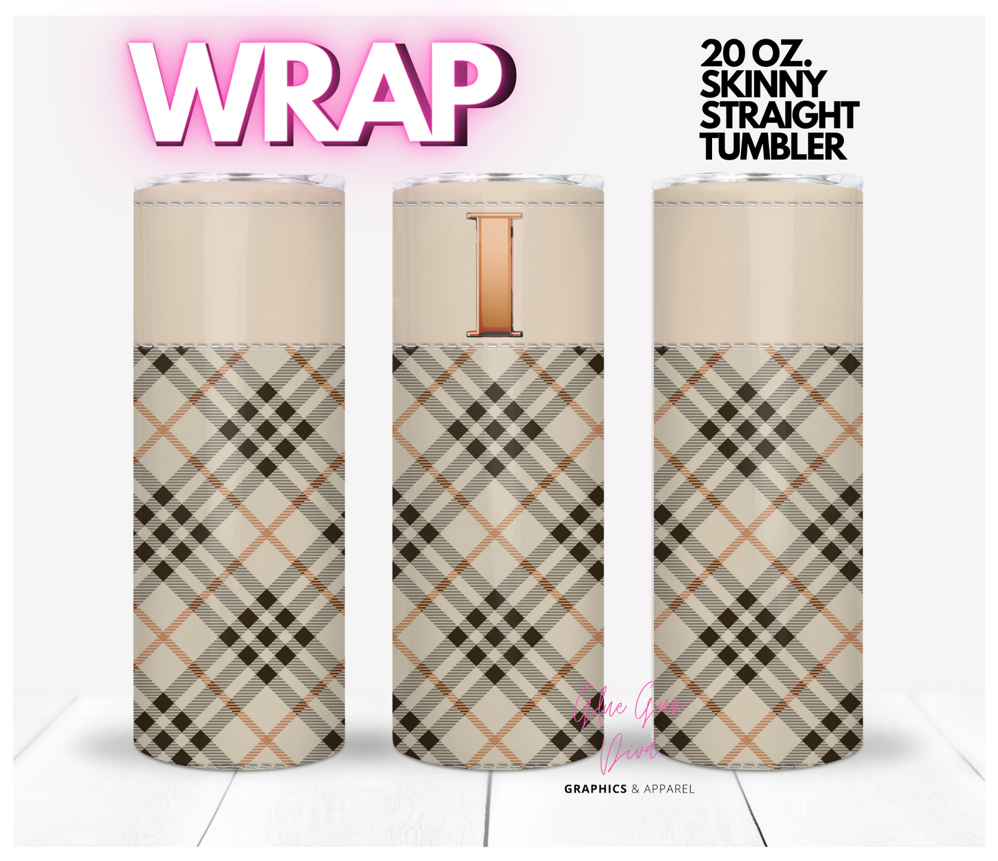 Letter I Plaid Canvas with Initial  -  Digital tumbler wrap for 20 oz skinny straight tumbler