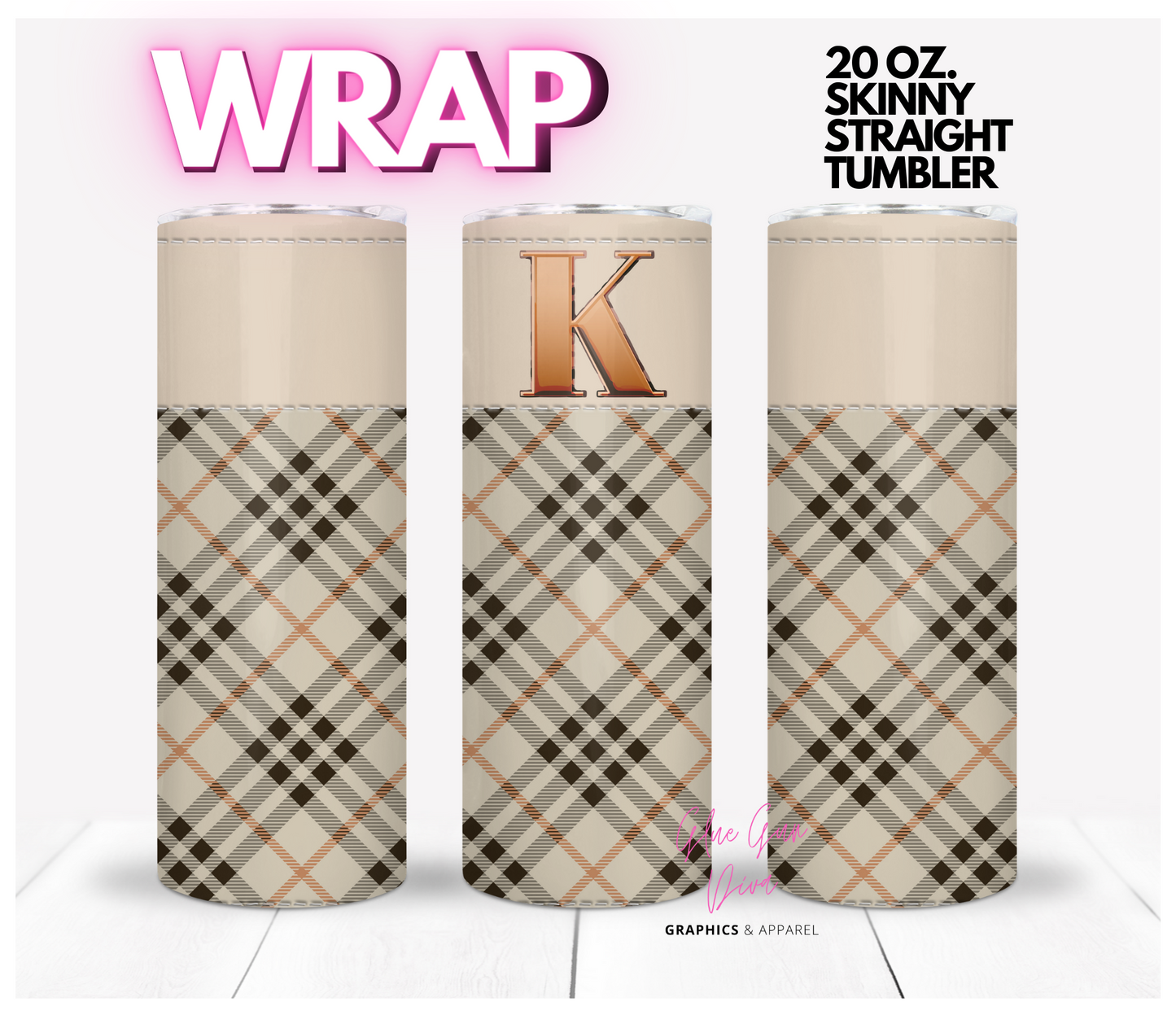 Letter K Plaid Canvas with Initial  -  Digital tumbler wrap for 20 oz skinny straight tumbler