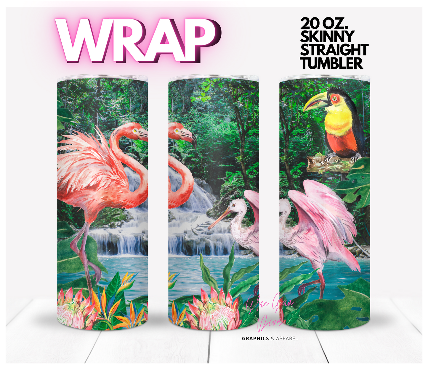 Jungle Animals Toucan Flamingo - Digital tumbler wrap for 20 oz skinny straight tumbler