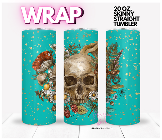 Teal Stars Skull -  Digital tumbler wrap for 20 oz skinny straight tumbler