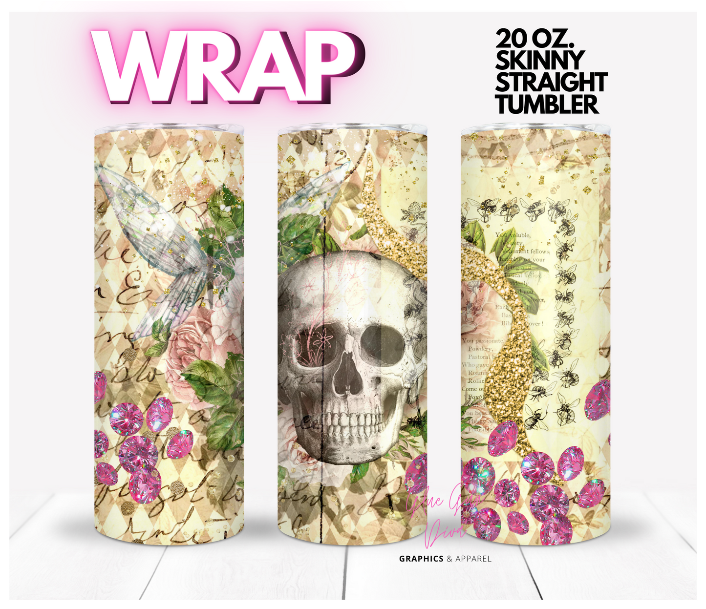 Skull and gems- Digital tumbler wrap for 20 oz skinny straight tumbler