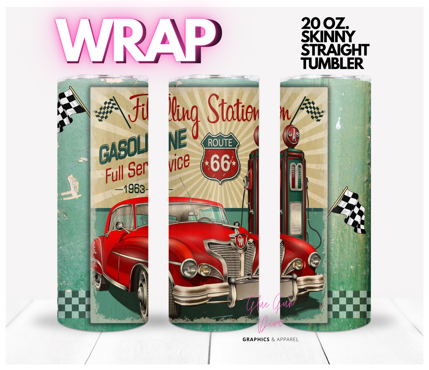 Filling station red vintage car -   Digital tumbler wrap for 20 oz skinny straight tumbler