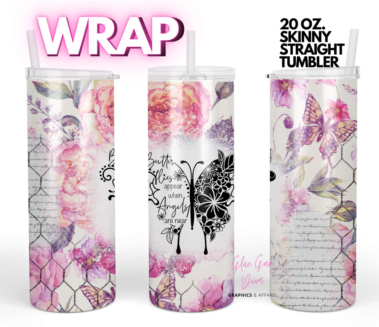 Butterfly Angels-   Digital tumbler wrap for 20 oz skinny straight tumbler