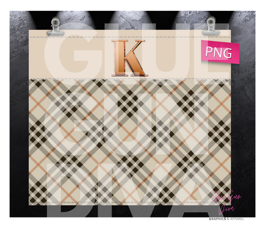 Letter K Plaid Canvas with Initial  -  Digital tumbler wrap for 20 oz skinny straight tumbler