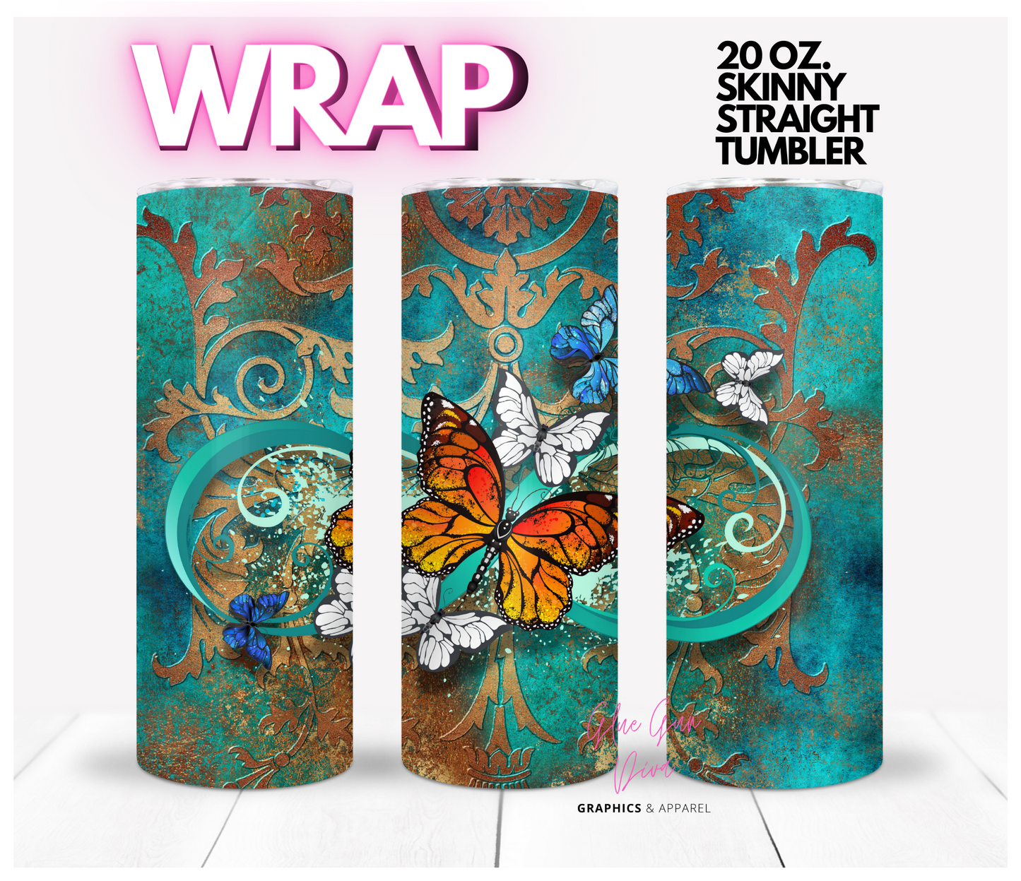 Patina and Butterflies- Digital tumbler wrap for 20 oz skinny straight tumbler