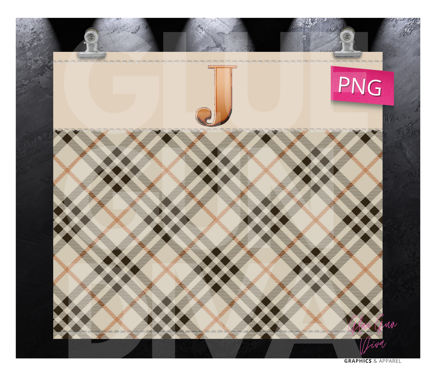 Letter J Plaid Canvas with Initial  -  Digital tumbler wrap for 20 oz skinny straight tumbler