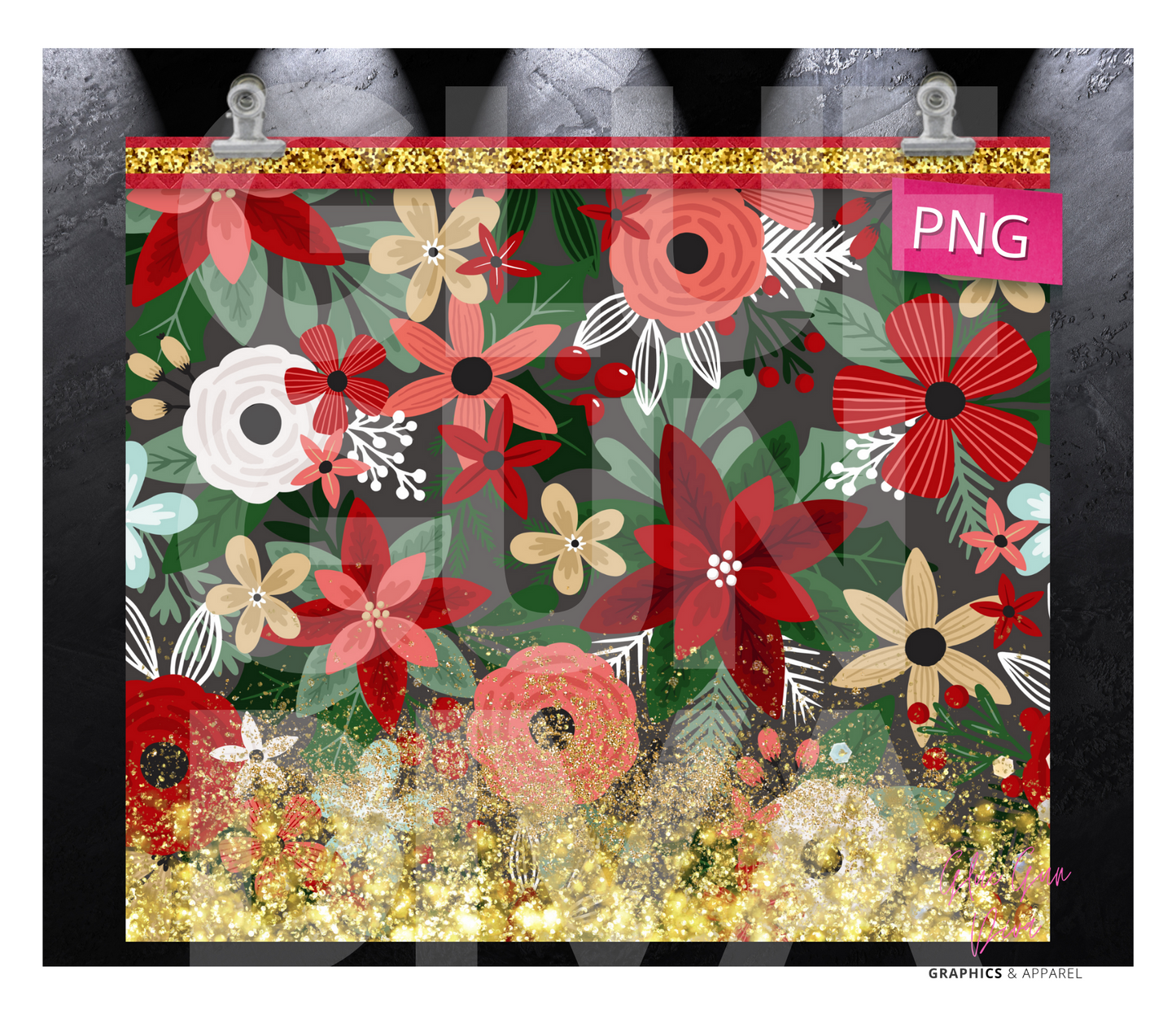 Holiday Flowers and Gold Glitter - Digital tumbler wrap for 20 oz skinny straight tumbler