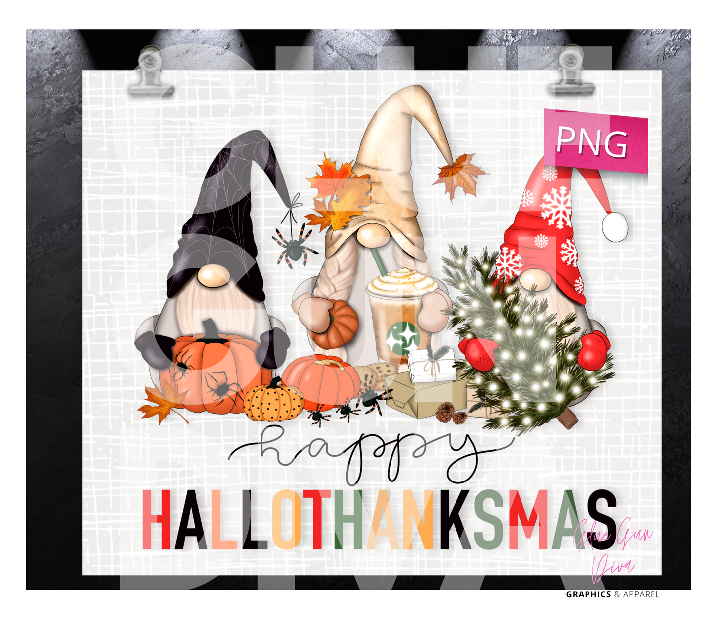 Happy Hallothanksmas Gnomes - Digital tumbler wrap for 20 oz skinny straight tumbler