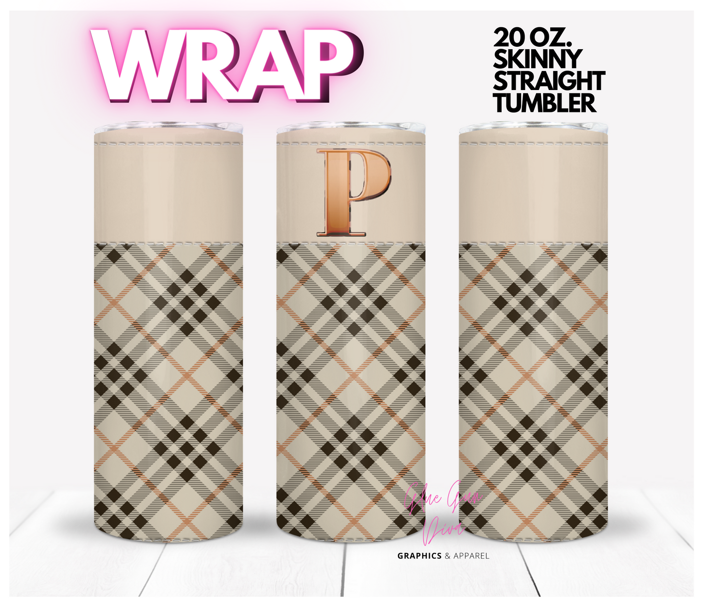 Letter P Plaid Canvas with Initial  -  Digital tumbler wrap for 20 oz skinny straight tumbler