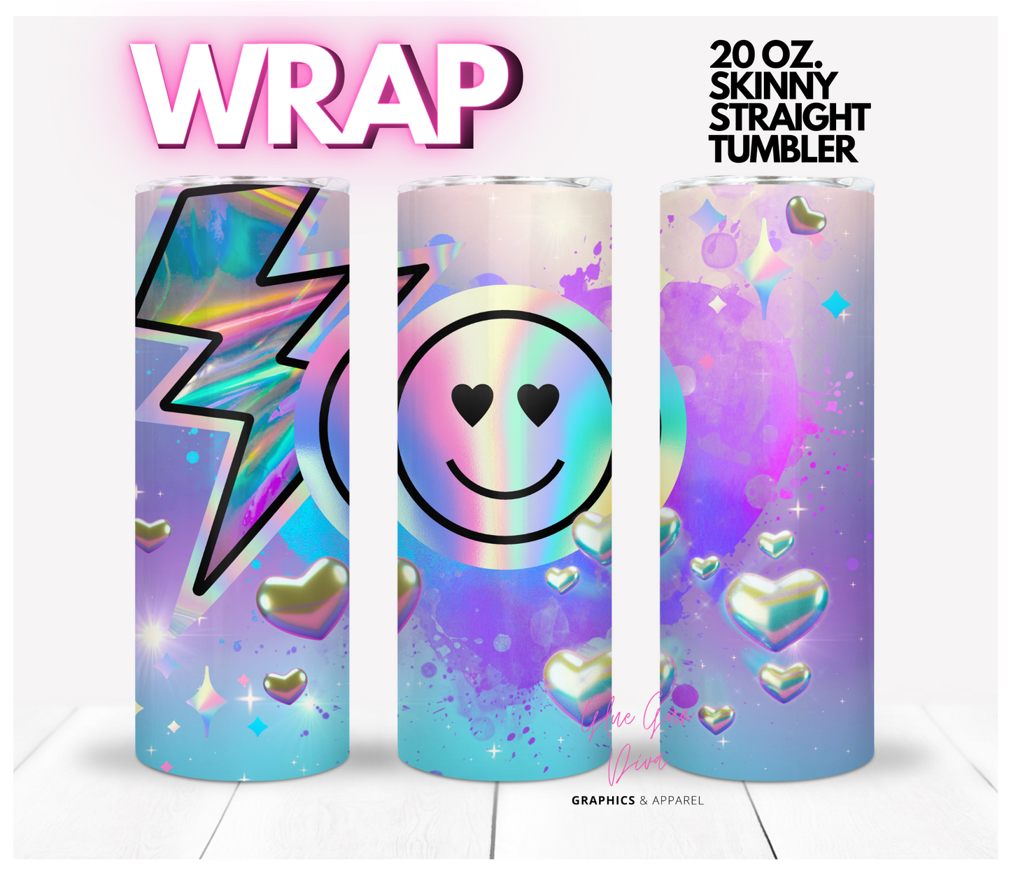 Holographic happy face- Digital tumbler wrap for 20 oz skinny straight tumbler