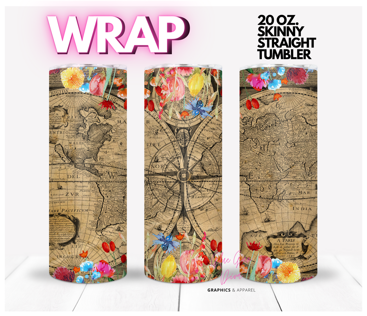 Vintage Map and Flowers- Digital tumbler wrap for 20 oz skinny straight tumbler