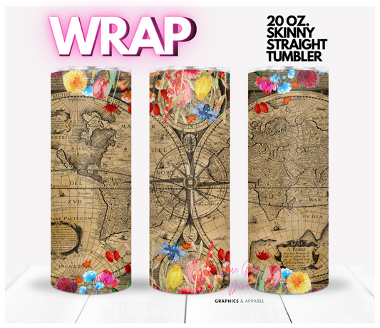 Vintage Map and Flowers- Digital tumbler wrap for 20 oz skinny straight tumbler