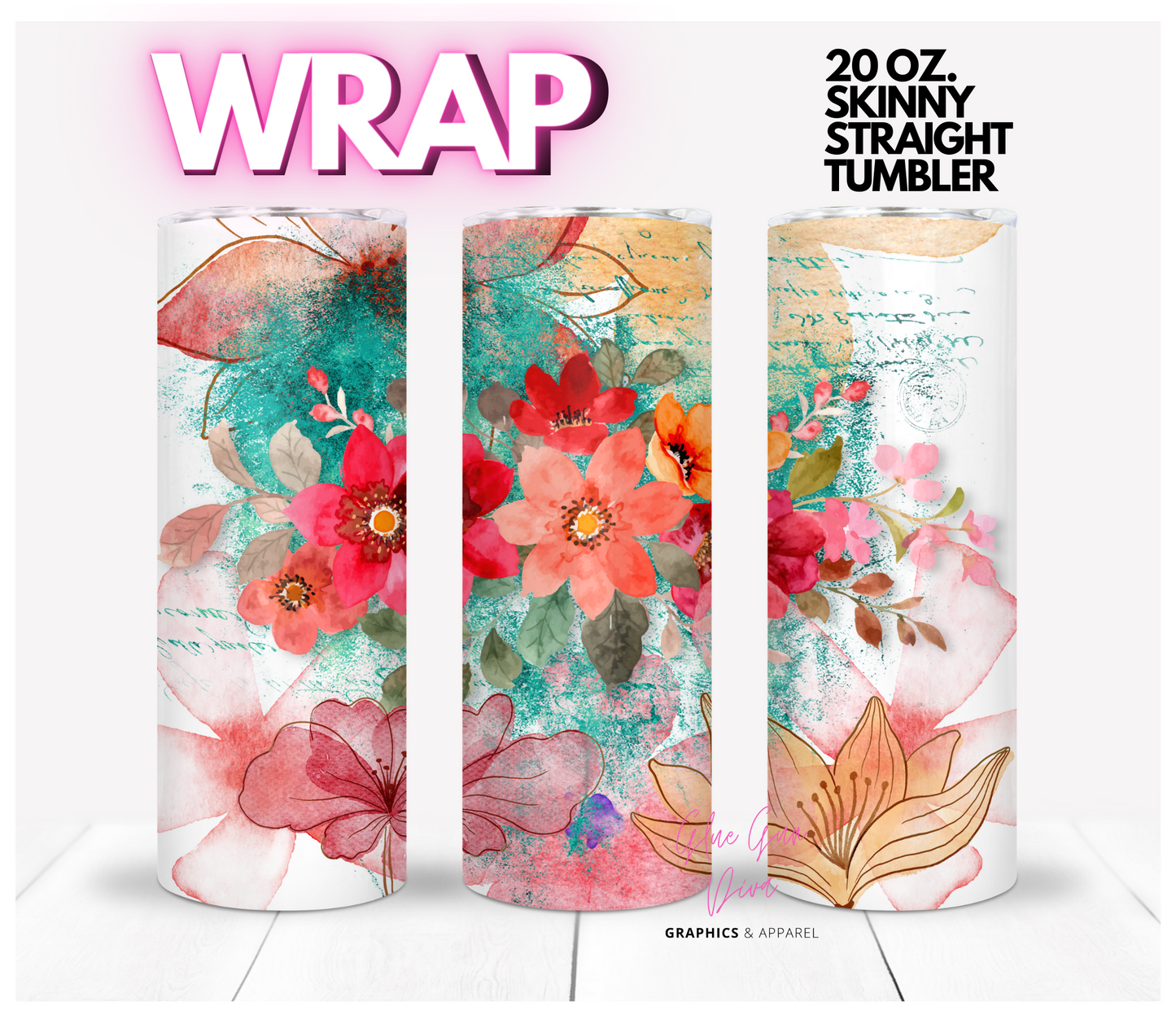 Fall Flower Decoupage -  Digital tumbler wrap for 20 oz skinny straight tumbler