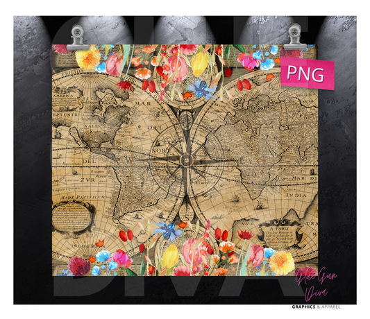 Vintage Map and Flowers- Digital tumbler wrap for 20 oz skinny straight tumbler