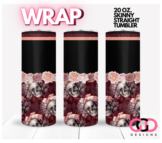 Skulls & Roses Burgundy - Digital tumbler wrap for 20 oz skinny straight tumbler