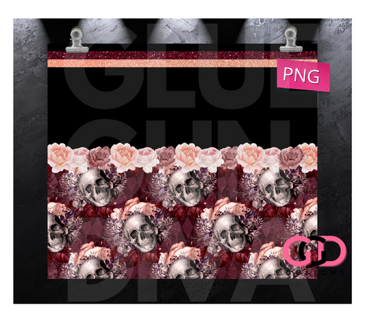 Skulls & Roses Burgundy - Digital tumbler wrap for 20 oz skinny straight tumbler