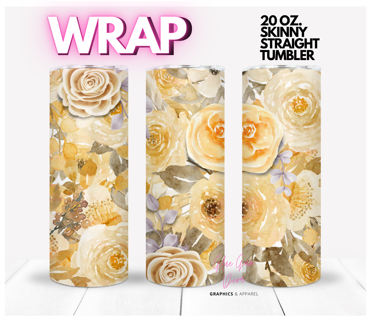 Yellow and Grey Roses- Digital tumbler wrap for 20 oz skinny straight tumbler