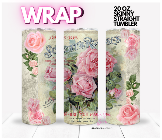 Vintage Pink Roses Advertisement- Digital tumbler wrap for 20 oz skinny straight tumbler