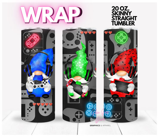 Gamer Gnomies- Digital tumbler wrap for 20 oz skinny straight tumbler