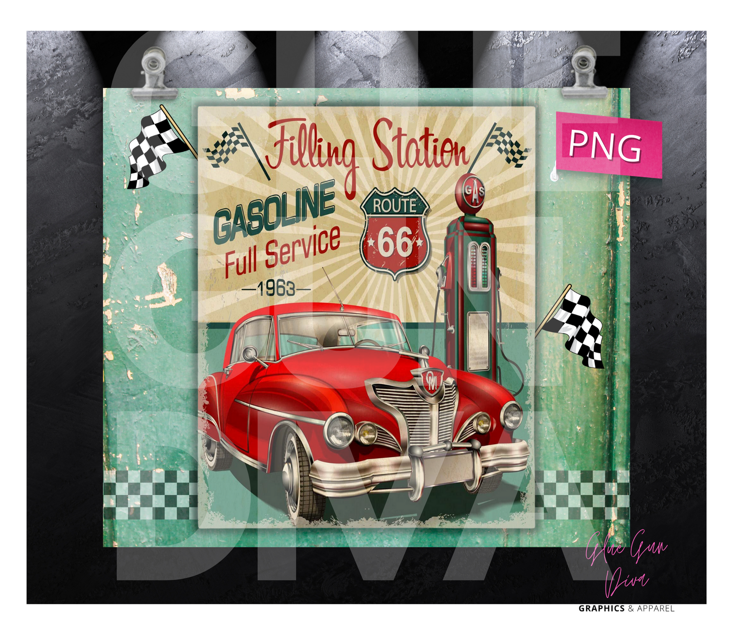 Filling station red vintage car -   Digital tumbler wrap for 20 oz skinny straight tumbler