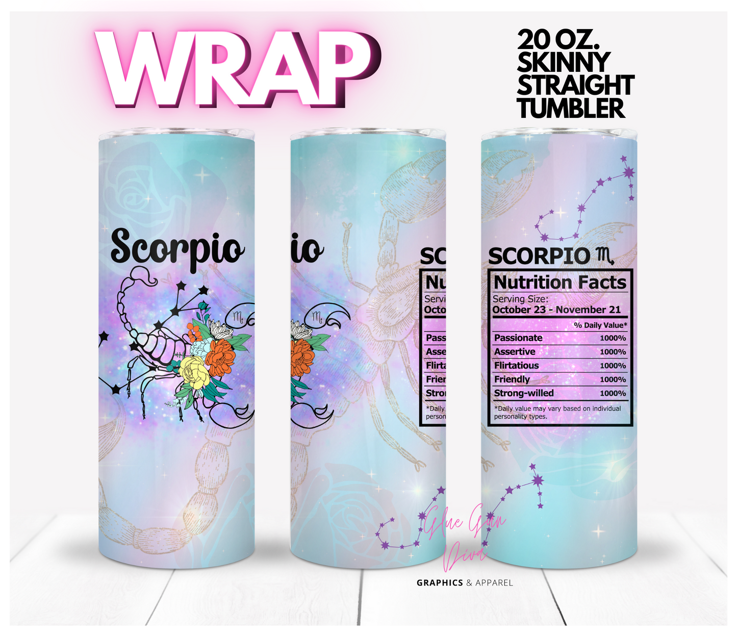 Scorpio Zodiac Nutrition Facts - Digital tumbler wrap for 20 oz skinny straight tumbler